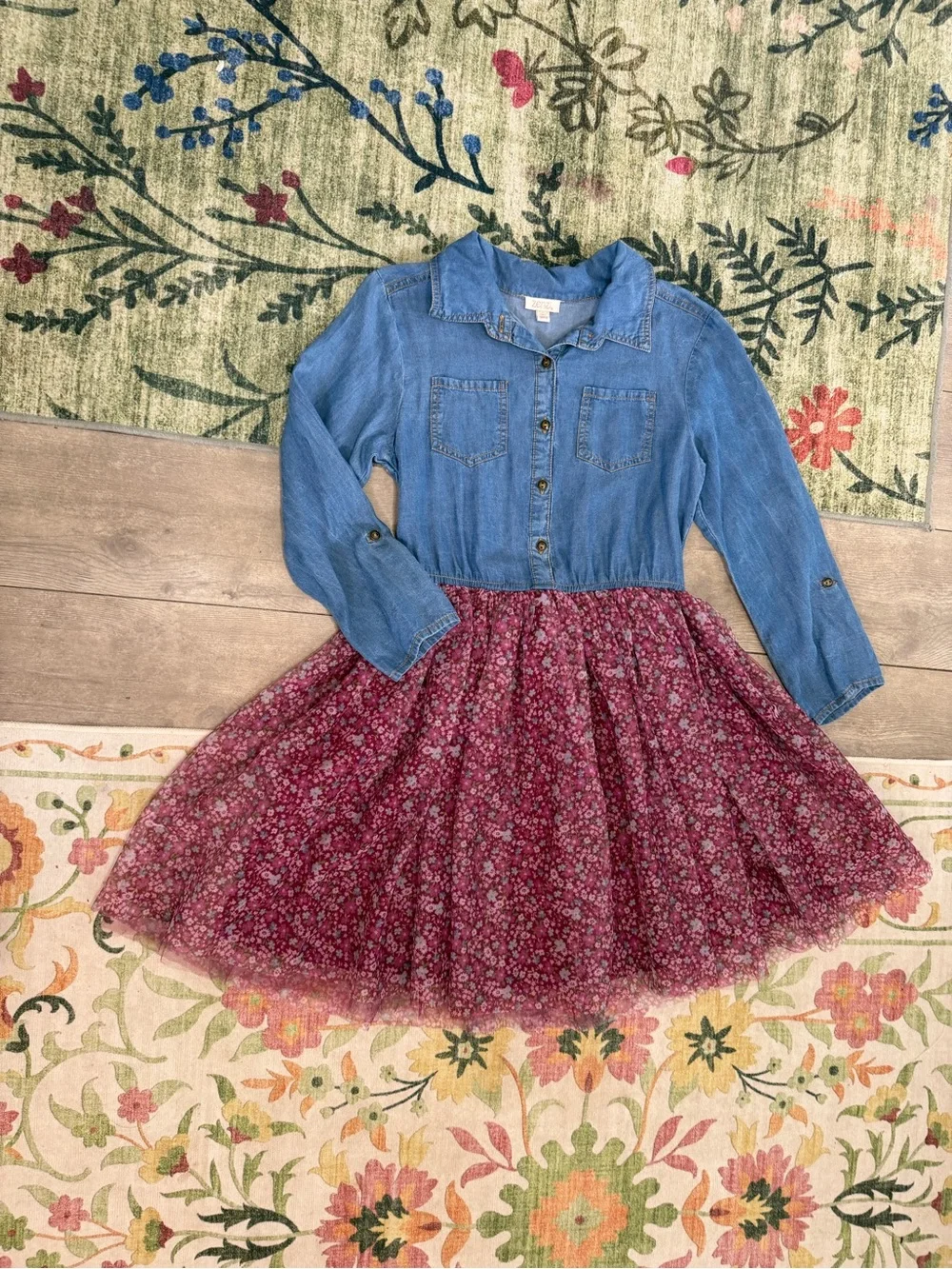 Boutique Zenzi Girls Denim & Tulle Floral Dress Size Large